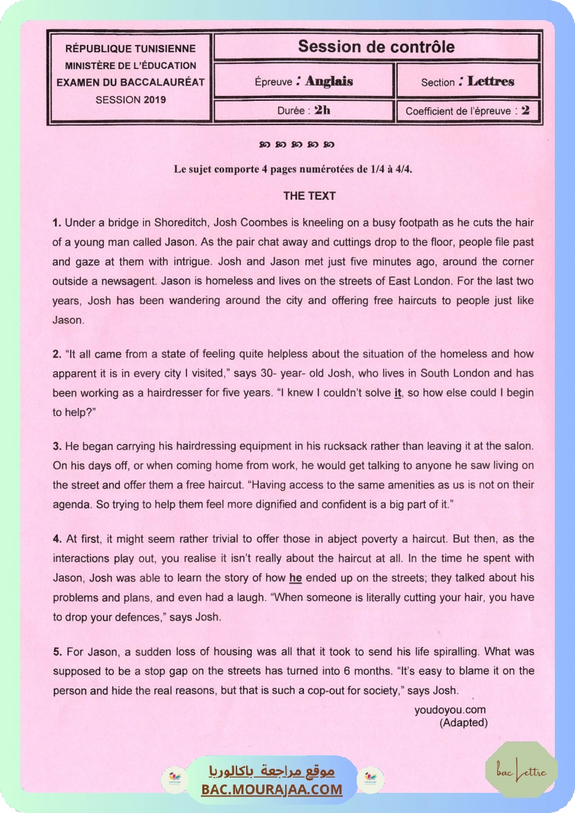 Sujet controle anglais Bac 2019 – Section lettre